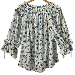 Tularosa Blue Floral Chiffon Peasant Blouse Off Shoulder Smocked Top Sz Small